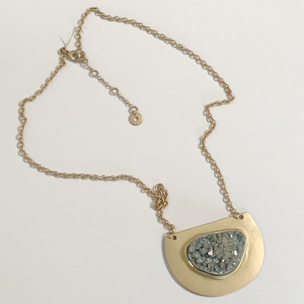 Karma Bella Half Sun Plate Faux Geode AB Turquoise Necklace Matt Gold 28 Inch